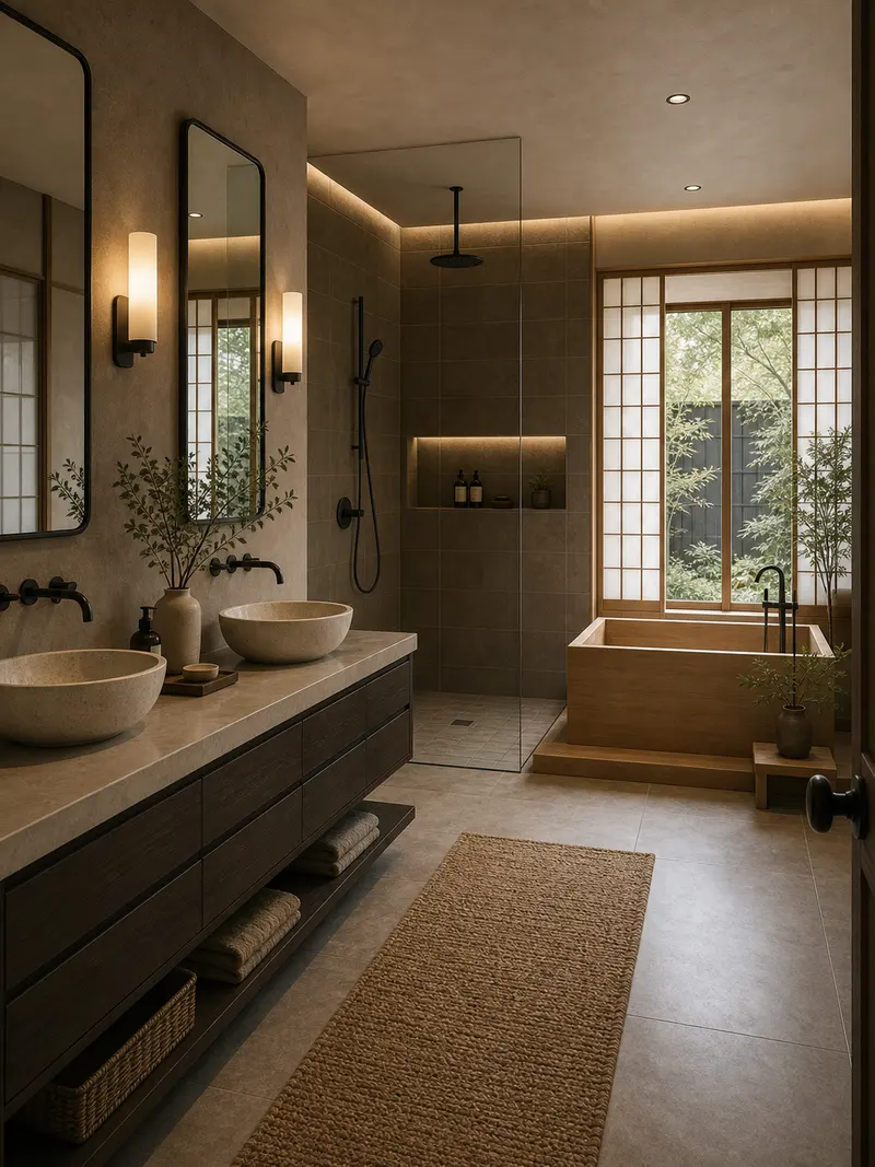 Large Asian master wet room with Japanese soaking tub
