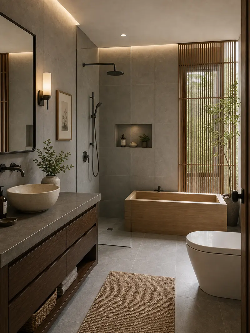 Asian wet room bathroom with gray tile and Japanese soaking tub