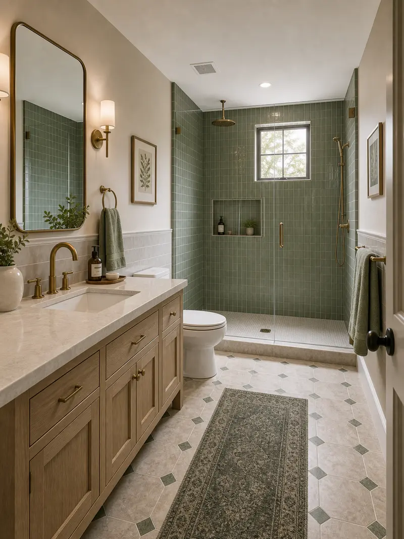 Transitional green and beige bathroom with tile