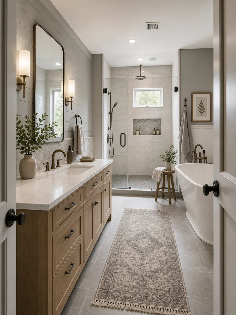 Farmhouse gray and white bathroom with tile