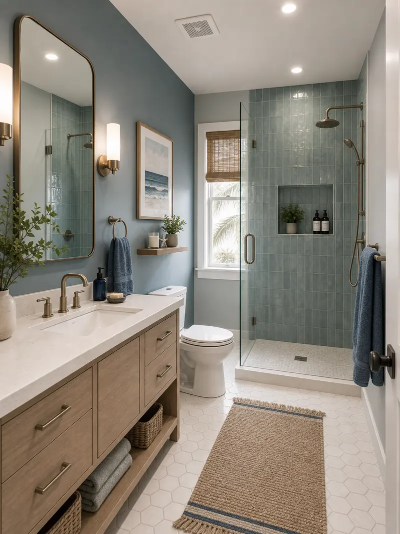 Coastal blue and white bathroom with tile
