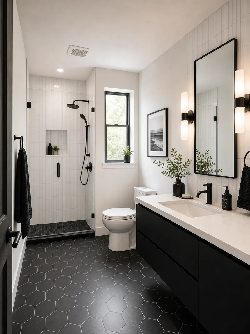 Modern black and white bathroom with tile