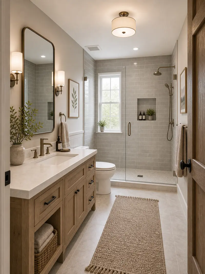 Transitional white and wood tones bathroom with tile