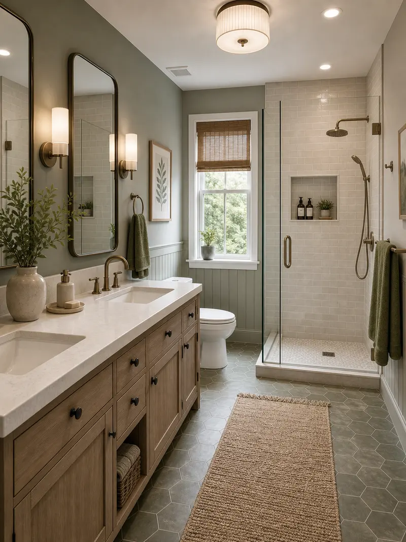 Farmhouse green and beige bathroom with tile