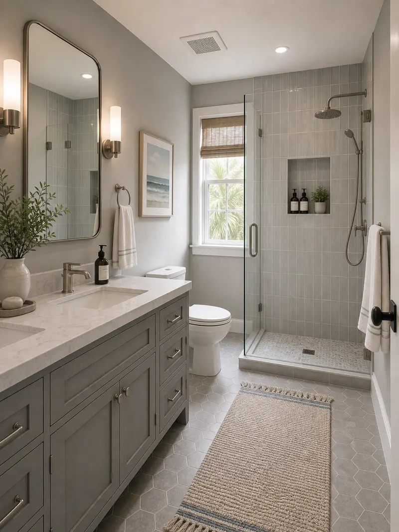 Coastal gray and white bathroom with tile