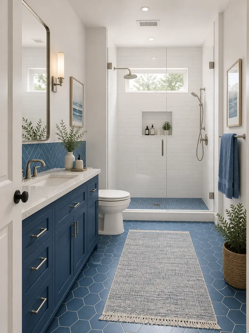Modern blue and white bathroom with tile