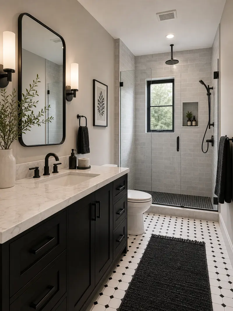 Transitional black and white bathroom with tile