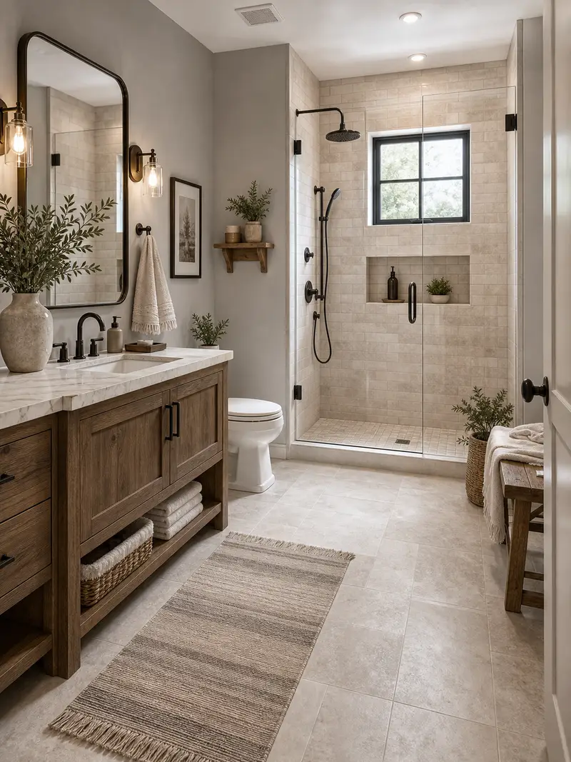 Farmhouse white and wood tones bathroom with tile