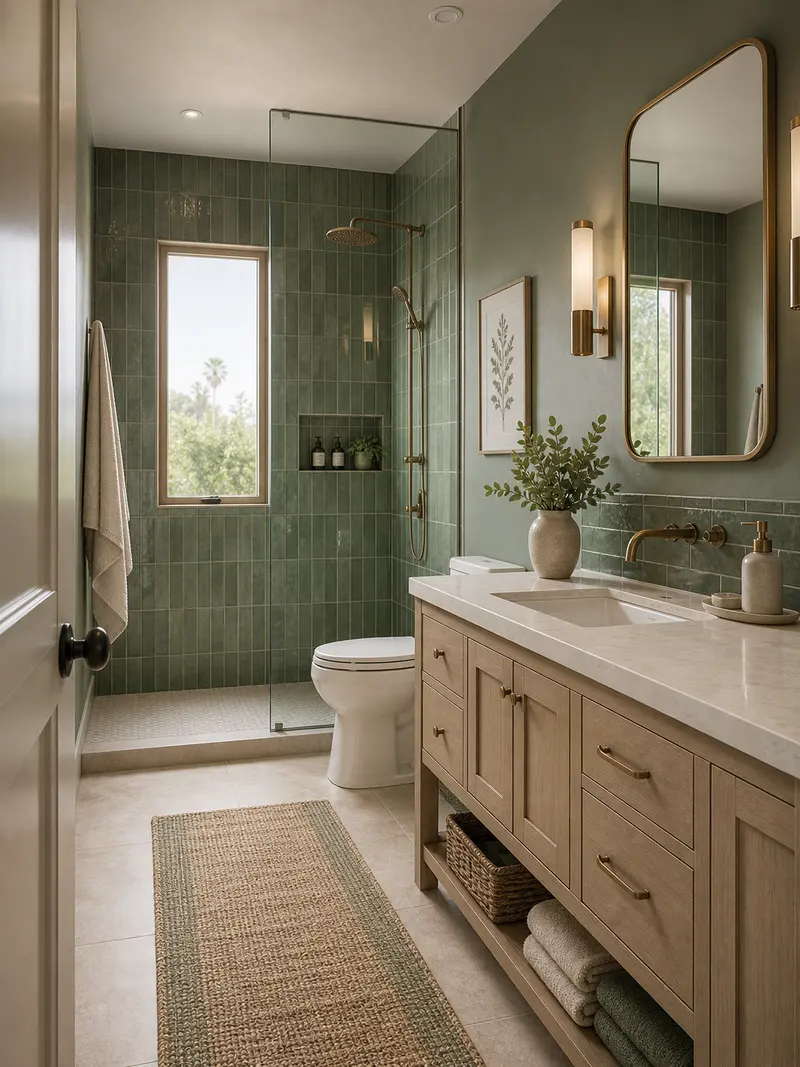 Coastal green and beige bathroom with tile