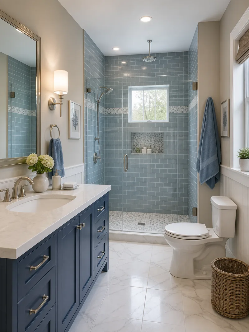 Transitional blue and white bathroom with tile