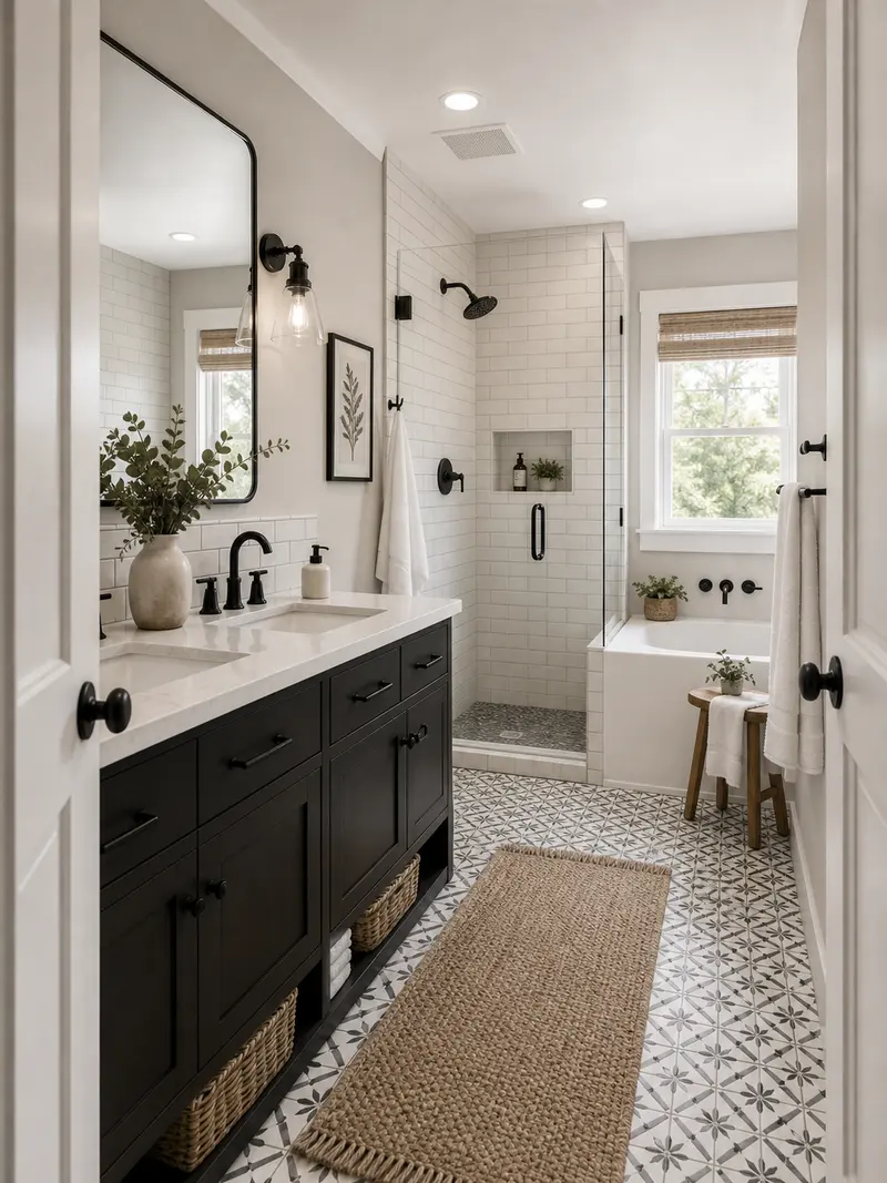 Farmhouse black and white bathroom with tile