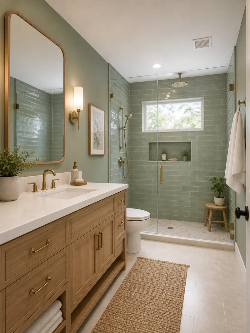 Coastal white and wood tones bathroom with tile