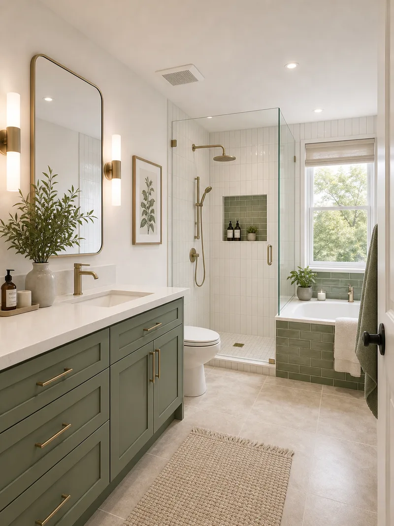 Modern green and beige bathroom with tile