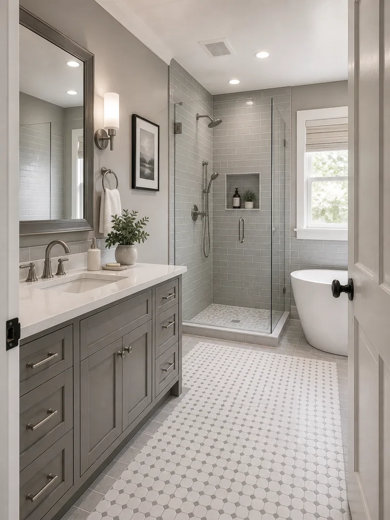 Transitional gray and white bathroom with tile