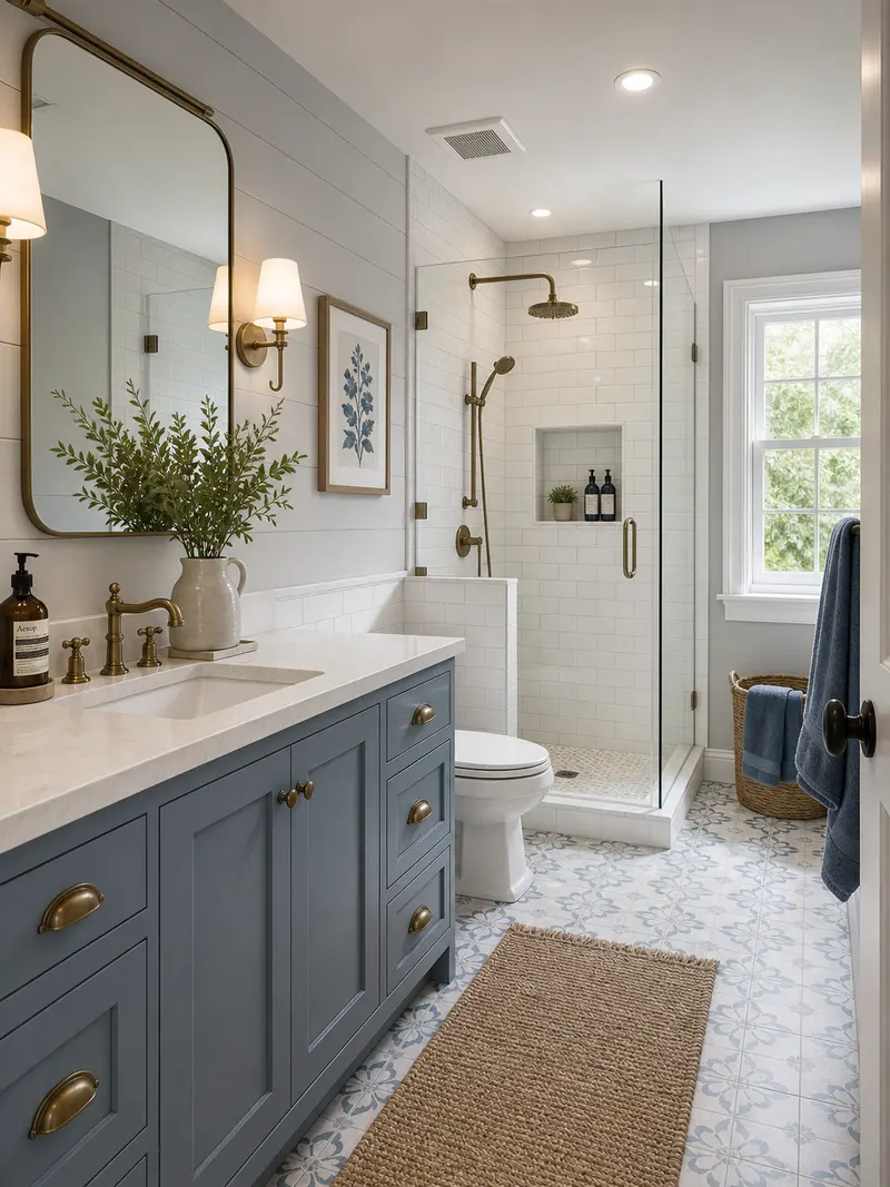 Farmhouse blue and white bathroom with tile