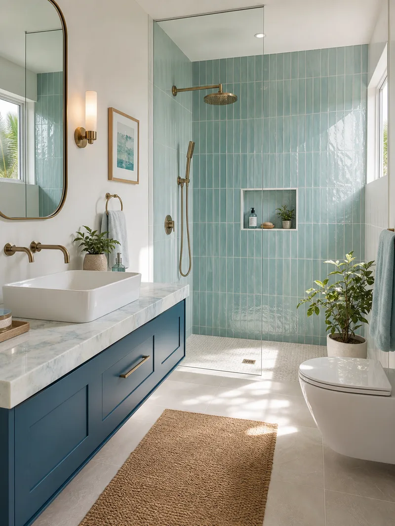 Compact coastal bathroom with turquoise curbless shower tile