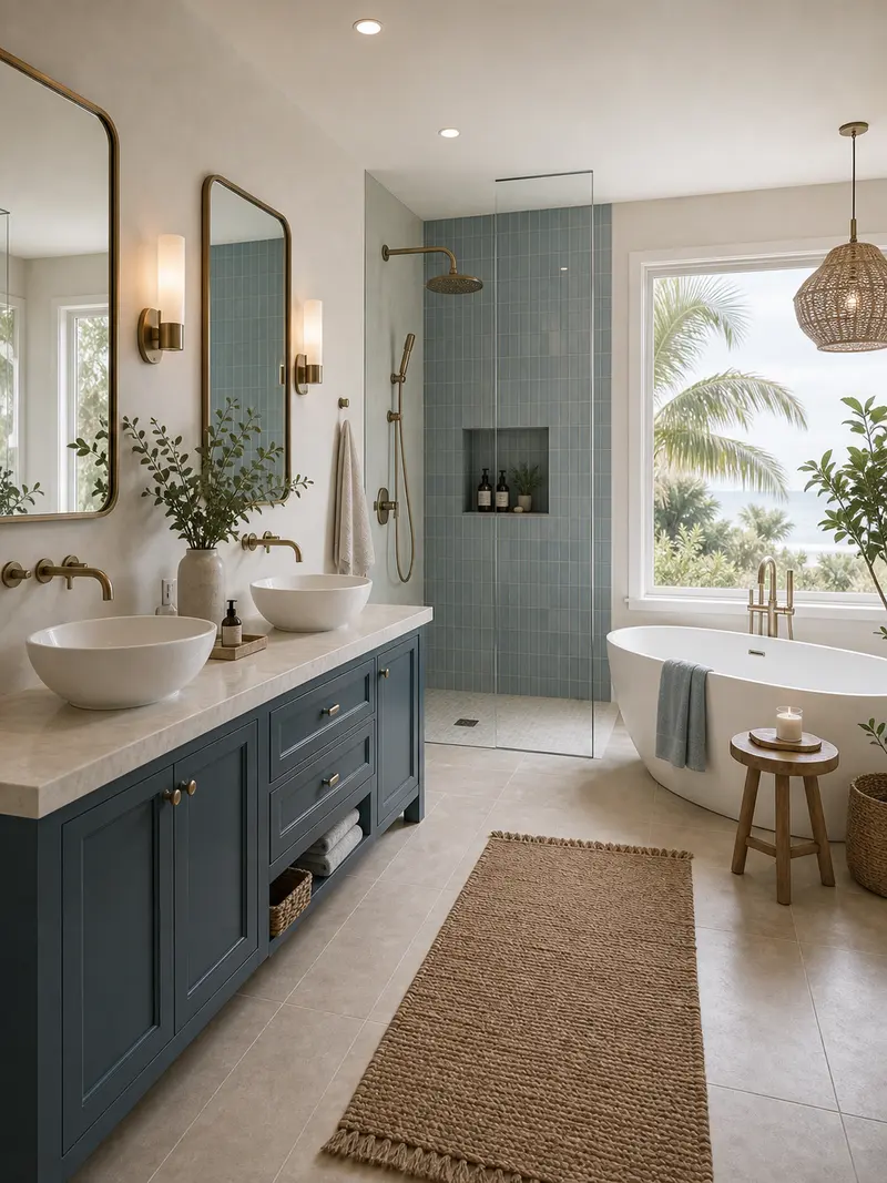 Large coastal master bathroom with blue tile and freestanding tub
