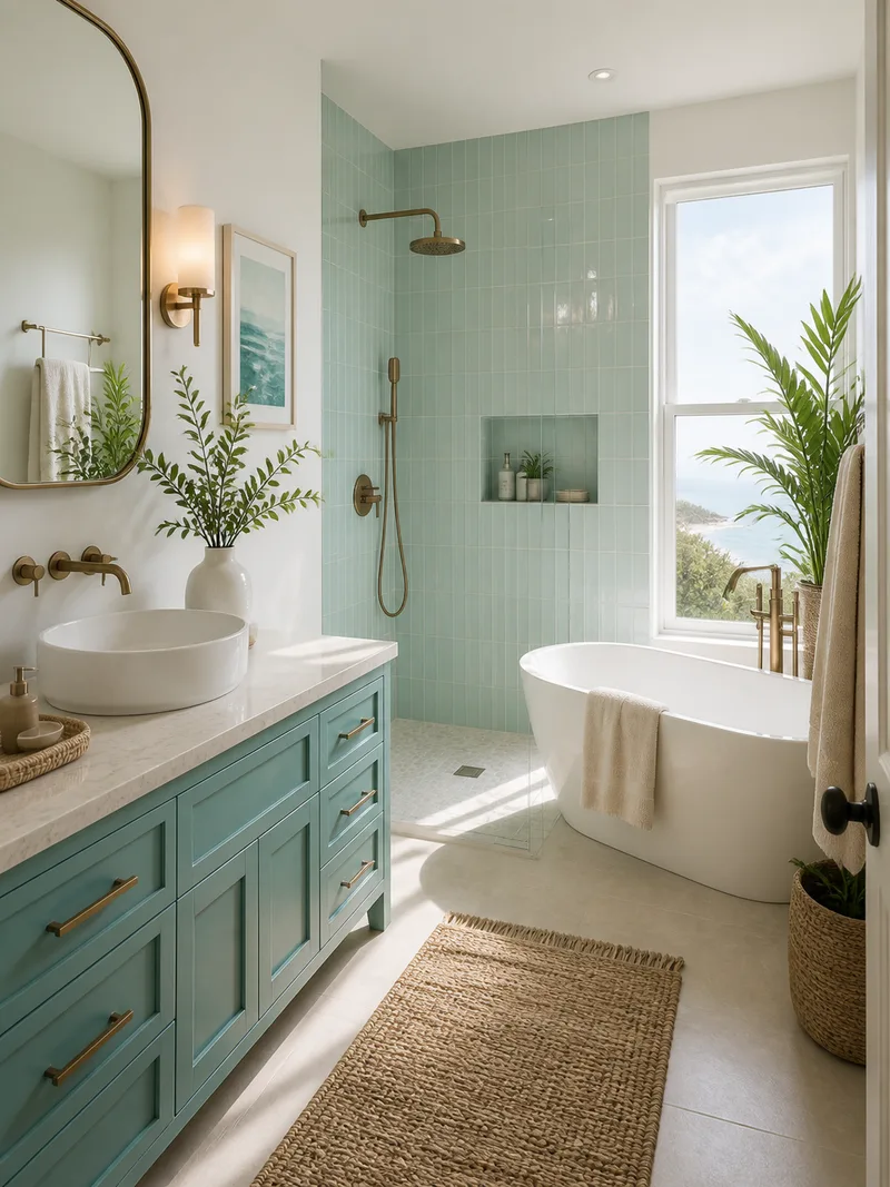 Coastal bathroom decor with turquoise tile and vessel sink