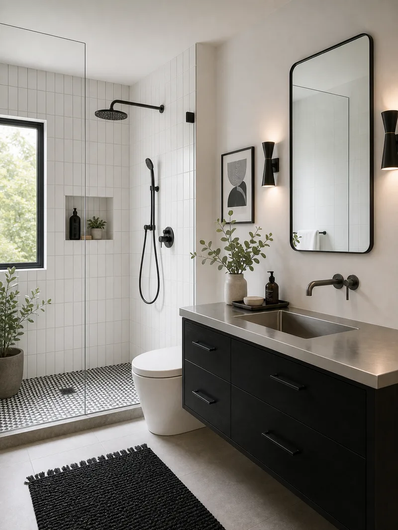 Contemporary black-and-white bathroom decor with stainless counter