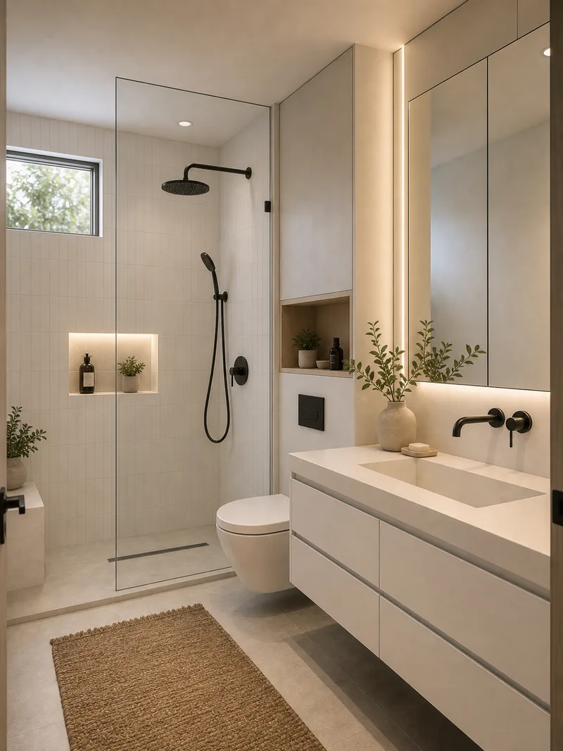 Contemporary compact white bathroom with open shower