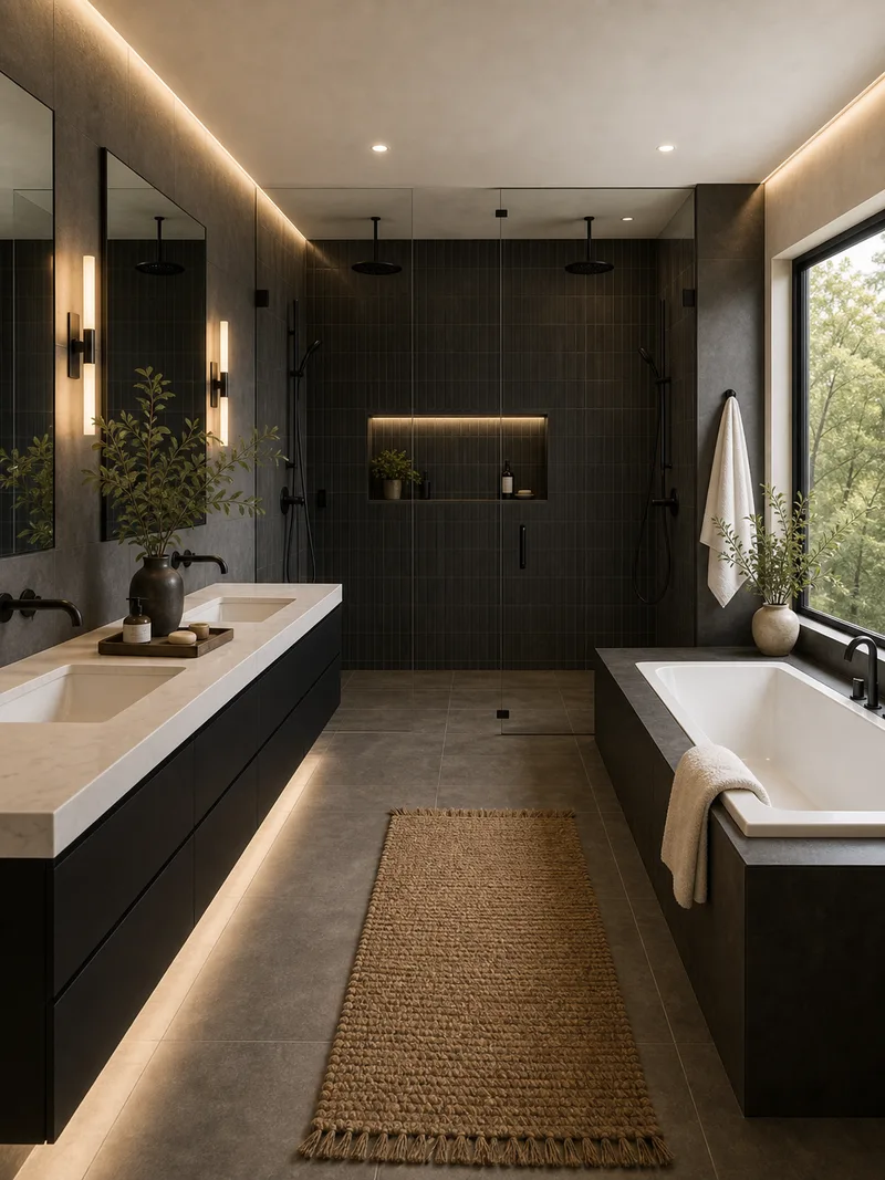 Expansive contemporary master wet room with black tile