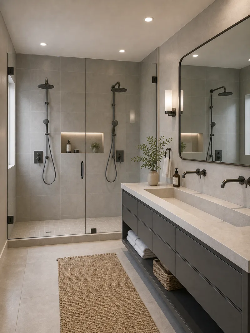 Contemporary bathroom with double shower and gray vanity