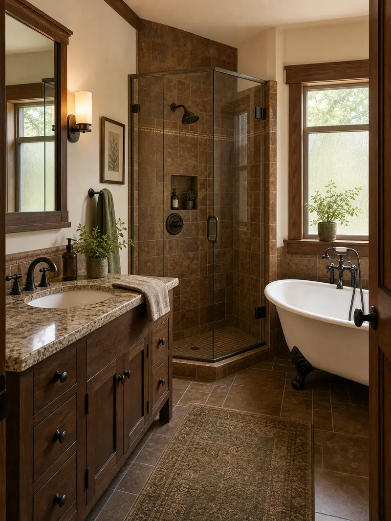 Compact Craftsman bathroom with brown tile and claw-foot tub