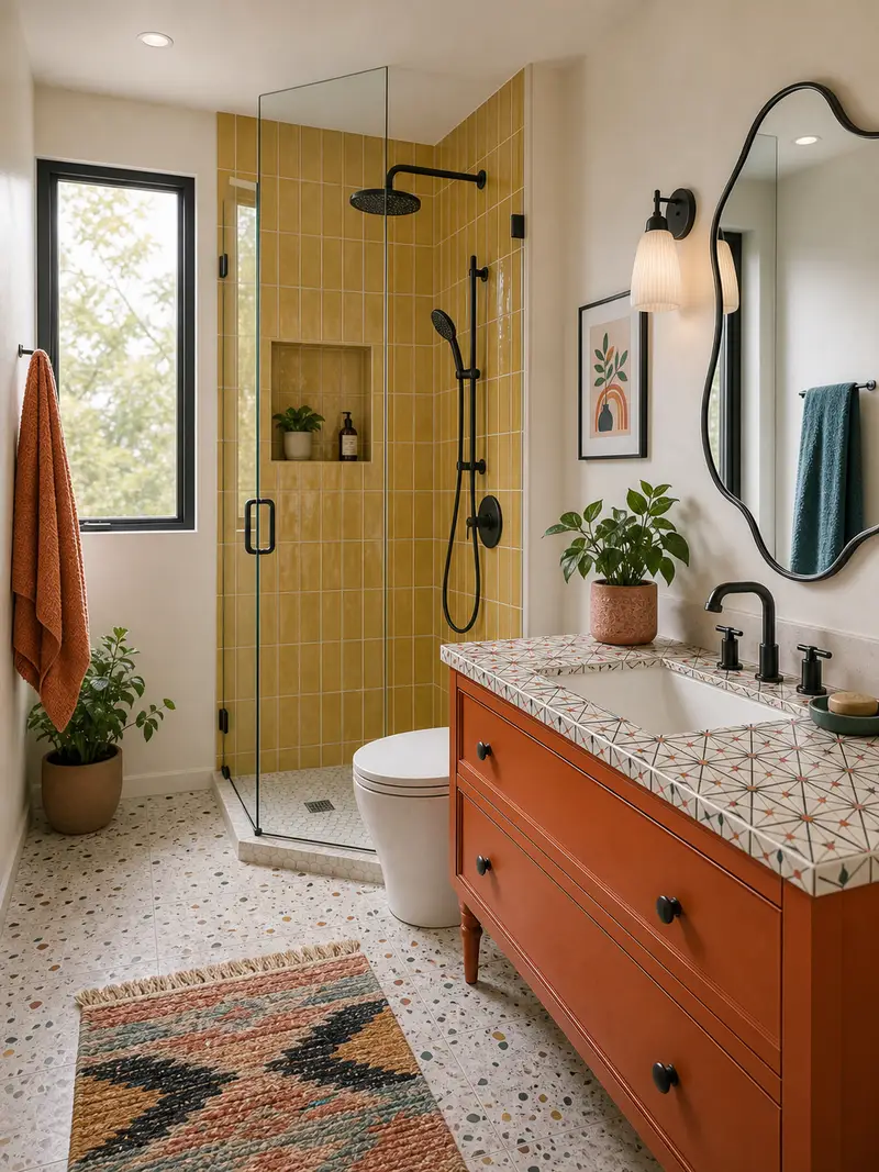 Eclectic compact bathroom with yellow tile and orange vanity
