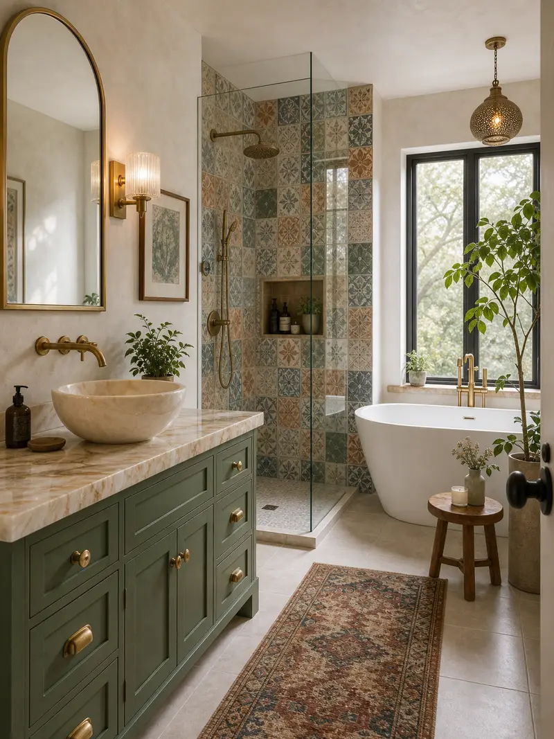 Eclectic bathroom with multi-color tile and green vanity