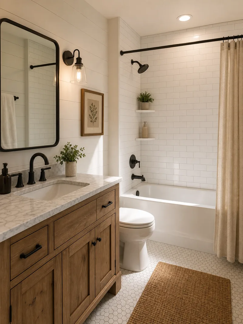 Compact farmhouse bathroom with tub shower and wood vanity