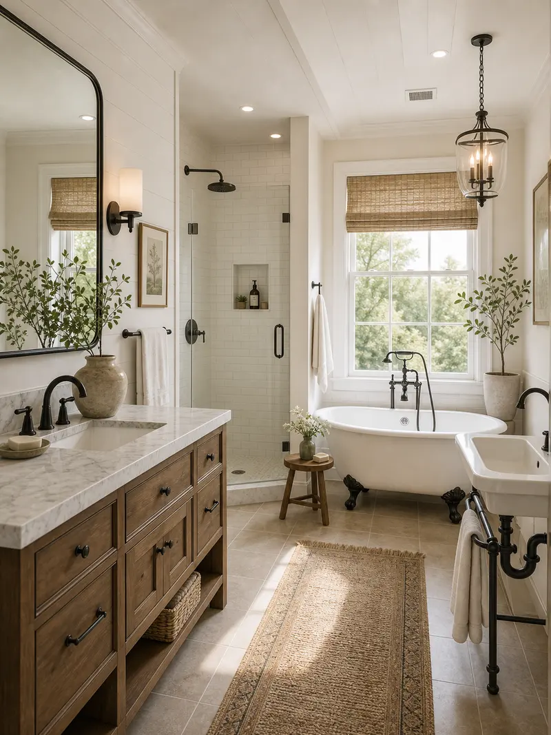 Large farmhouse master bathroom with claw-foot tub and wood vanity