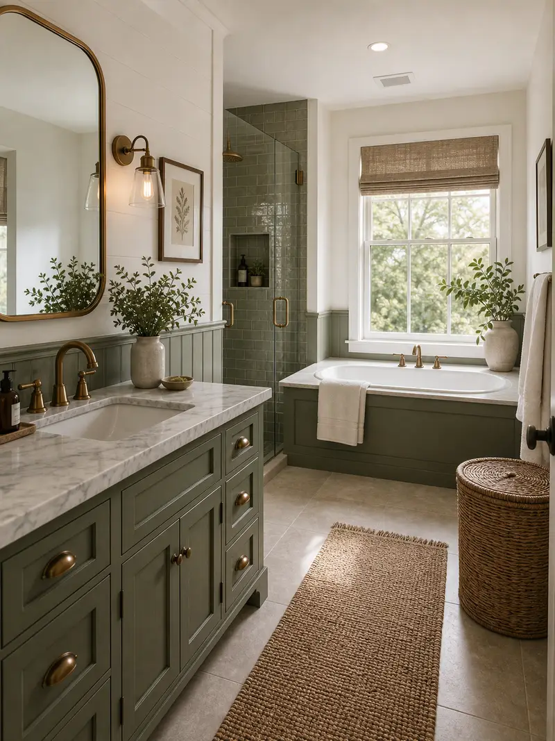 Farmhouse bathroom decor with green vanity and marble counter