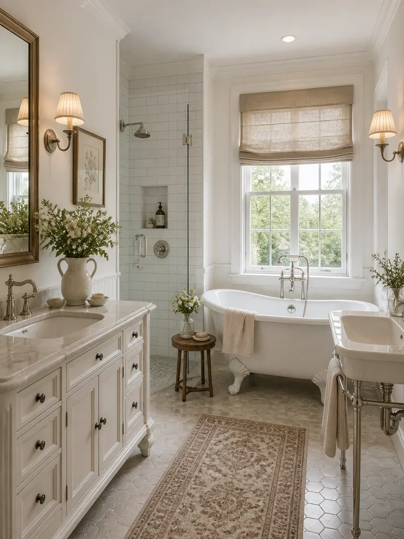 French country bathroom with white tile and claw-foot tub