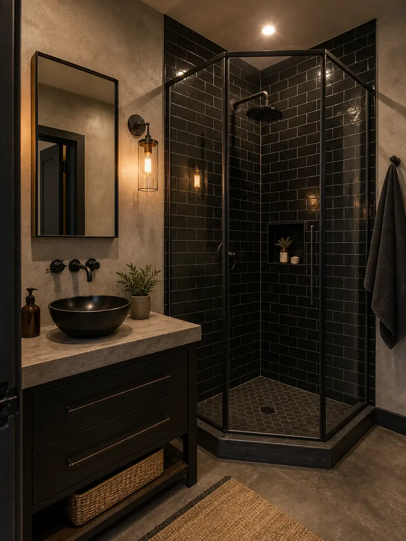 Compact industrial bathroom with black corner shower and concrete counter
