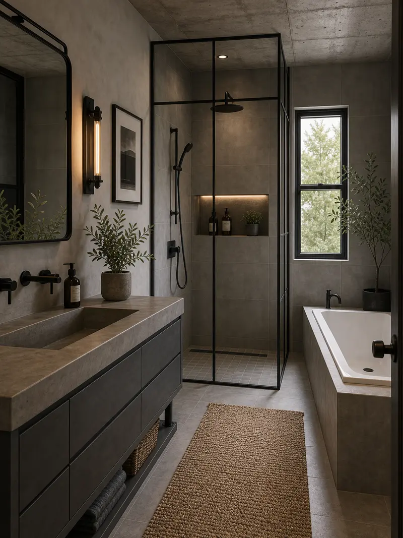 Industrial modern bathroom wet room with gray tile and concrete counter