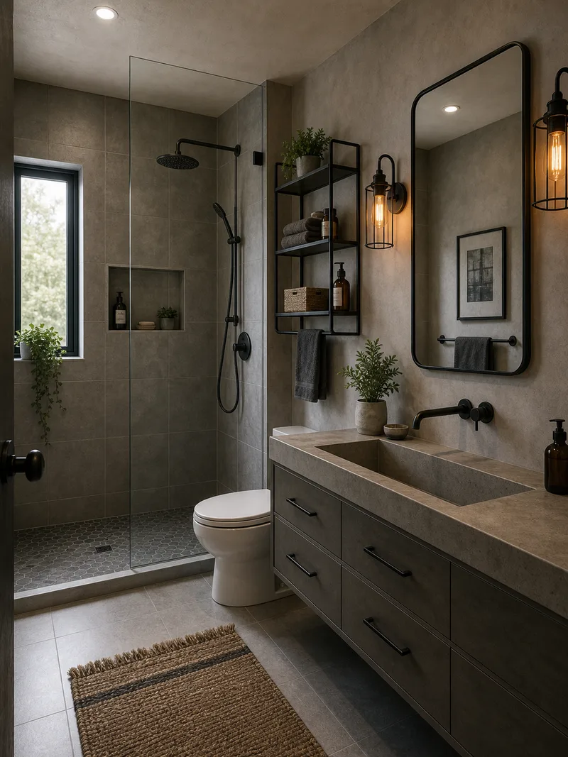 Industrial bathroom decor with gray tile and concrete trough sink