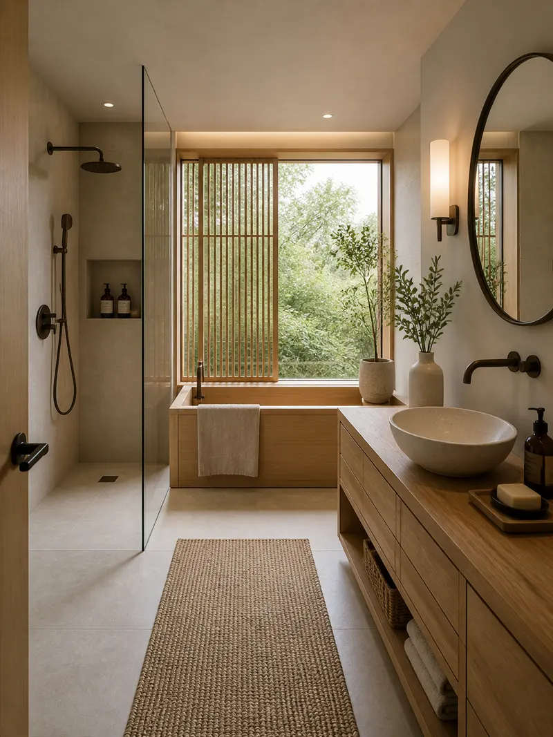 Japandi compact bathroom with Japanese soaking tub and wood vanity