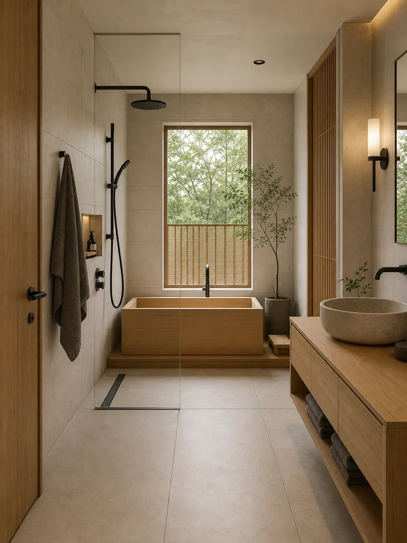 Compact Japandi wet room with Japanese tub and wood vanity