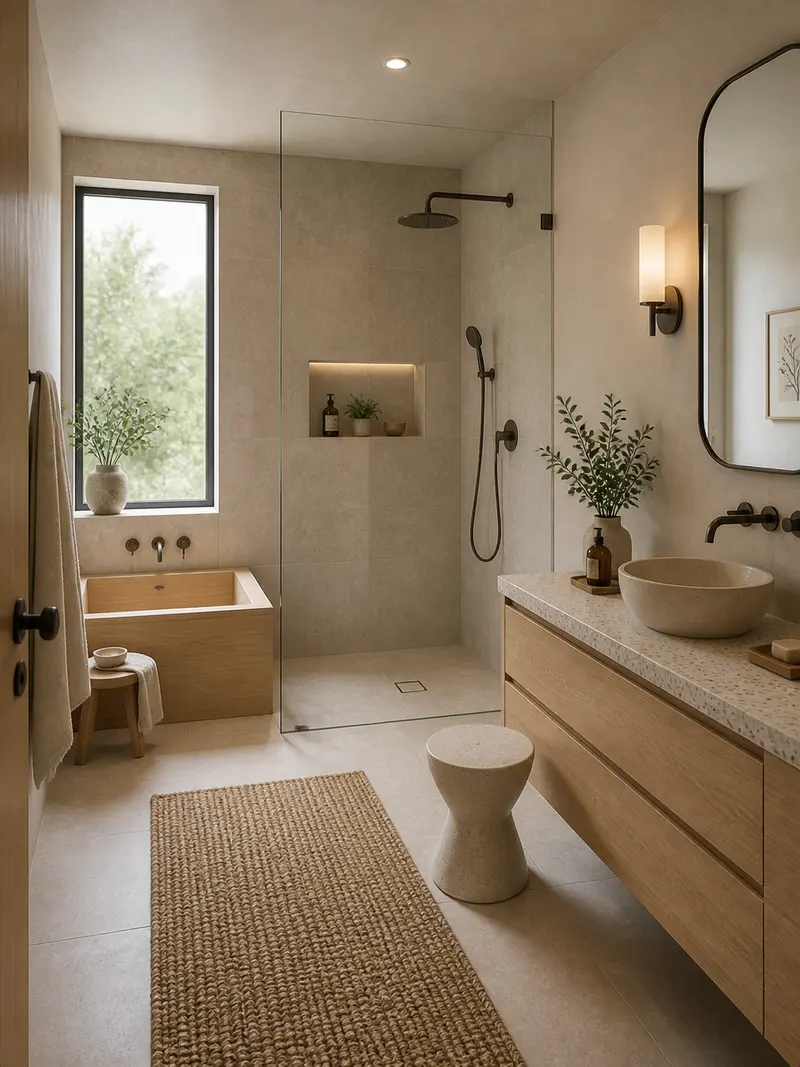 Japandi bathroom decor with beige tile and terrazzo vessel sink