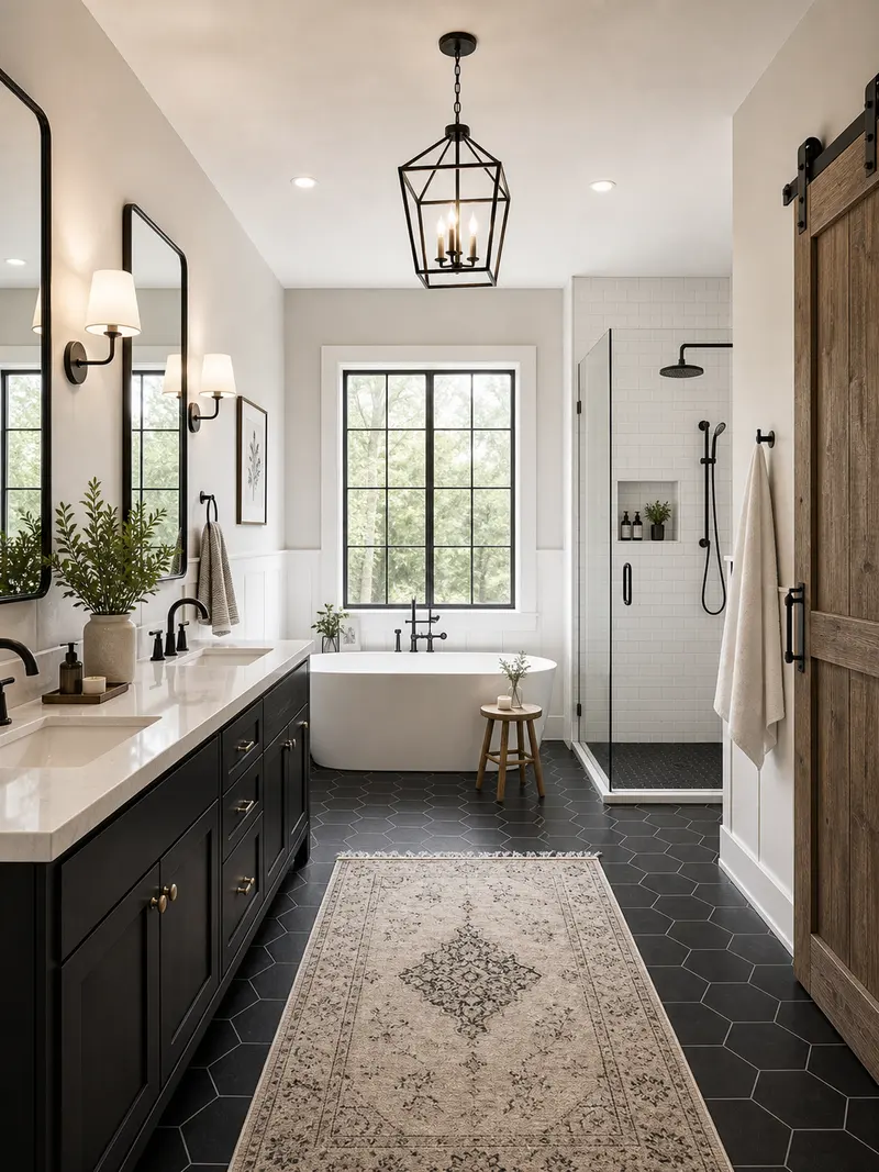 Farmhouse primary bathroom with black and white palette and black vanity
