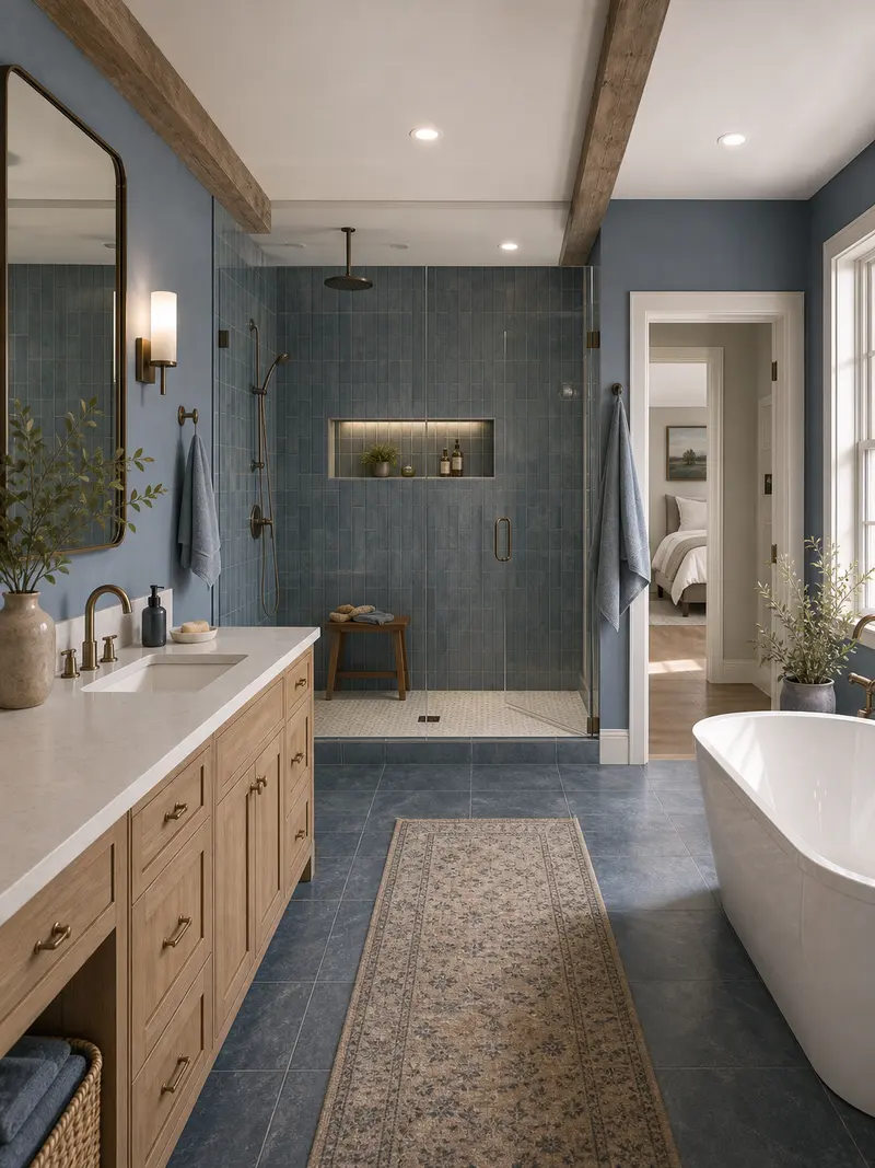 Farmhouse primary bathroom with blue palette and light wood vanity