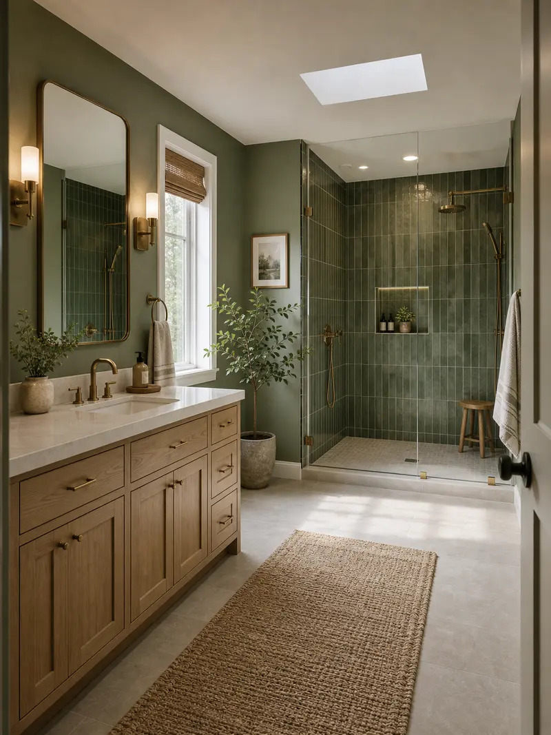Farmhouse primary bathroom with green palette and light wood vanity