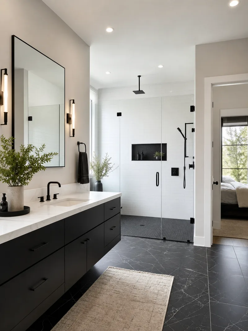 Modern primary bathroom with black and white palette and black vanity