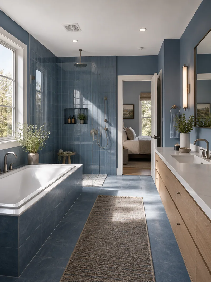 Modern primary bathroom with blue palette and light wood vanity