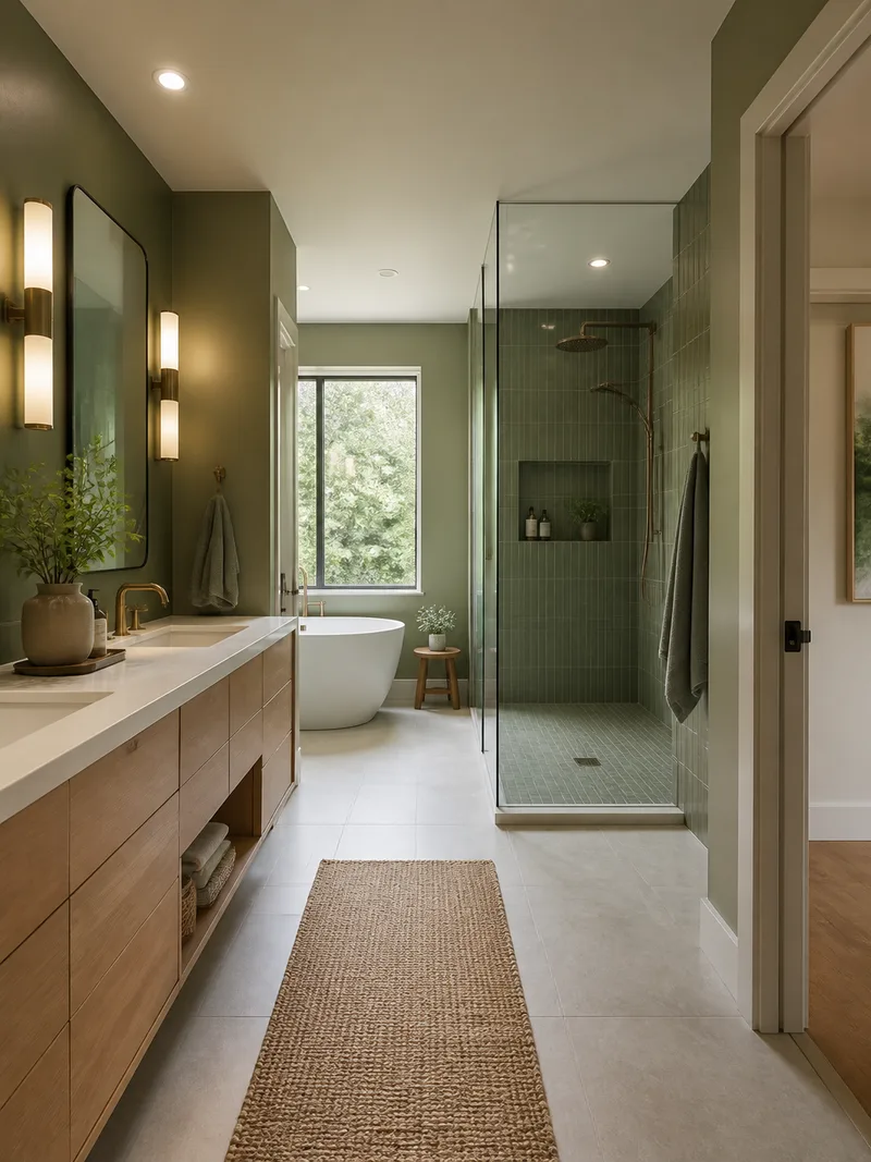 Modern primary bathroom with green palette and light wood vanity
