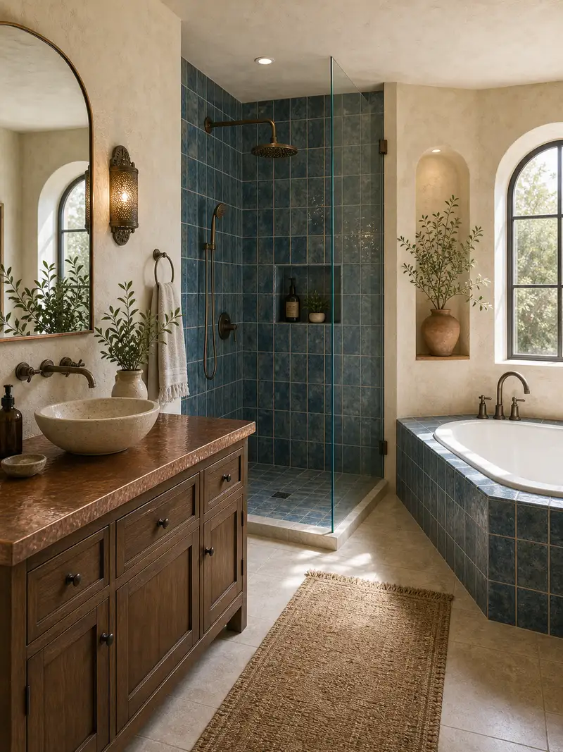 Mediterranean bathroom decor with blue tile and copper counter