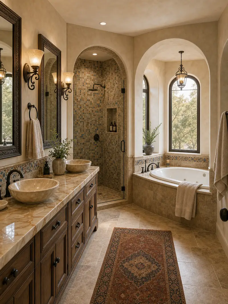 Expansive Mediterranean master bathroom with mosaic tile and hot tub