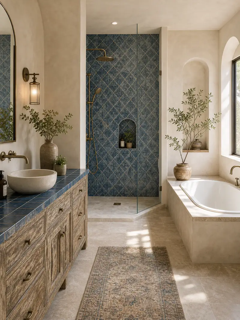 Large Mediterranean wet room with blue patterned bathroom tile