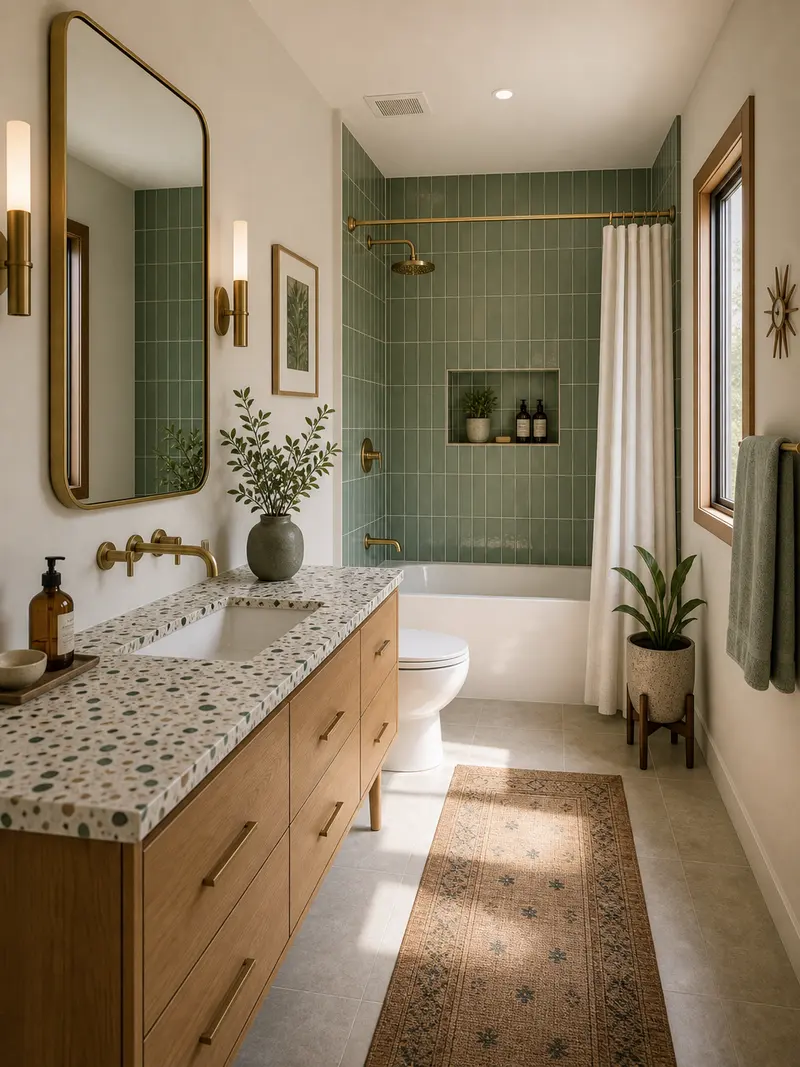 Mid-century modern bathroom with green tile and terrazzo counter