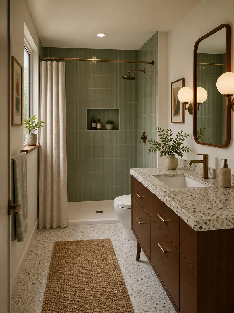 Mid-century bathroom with green alcove shower tile and wood vanity